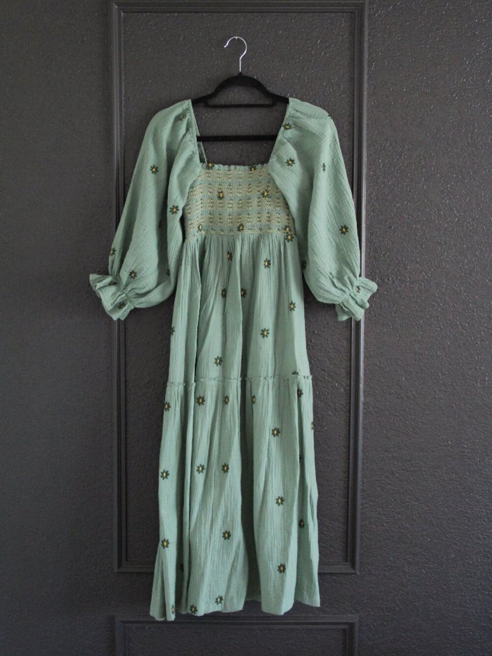 Pink Lily Sage Green Smocked Midi Dress Embroidered Floral Cottagecore Small